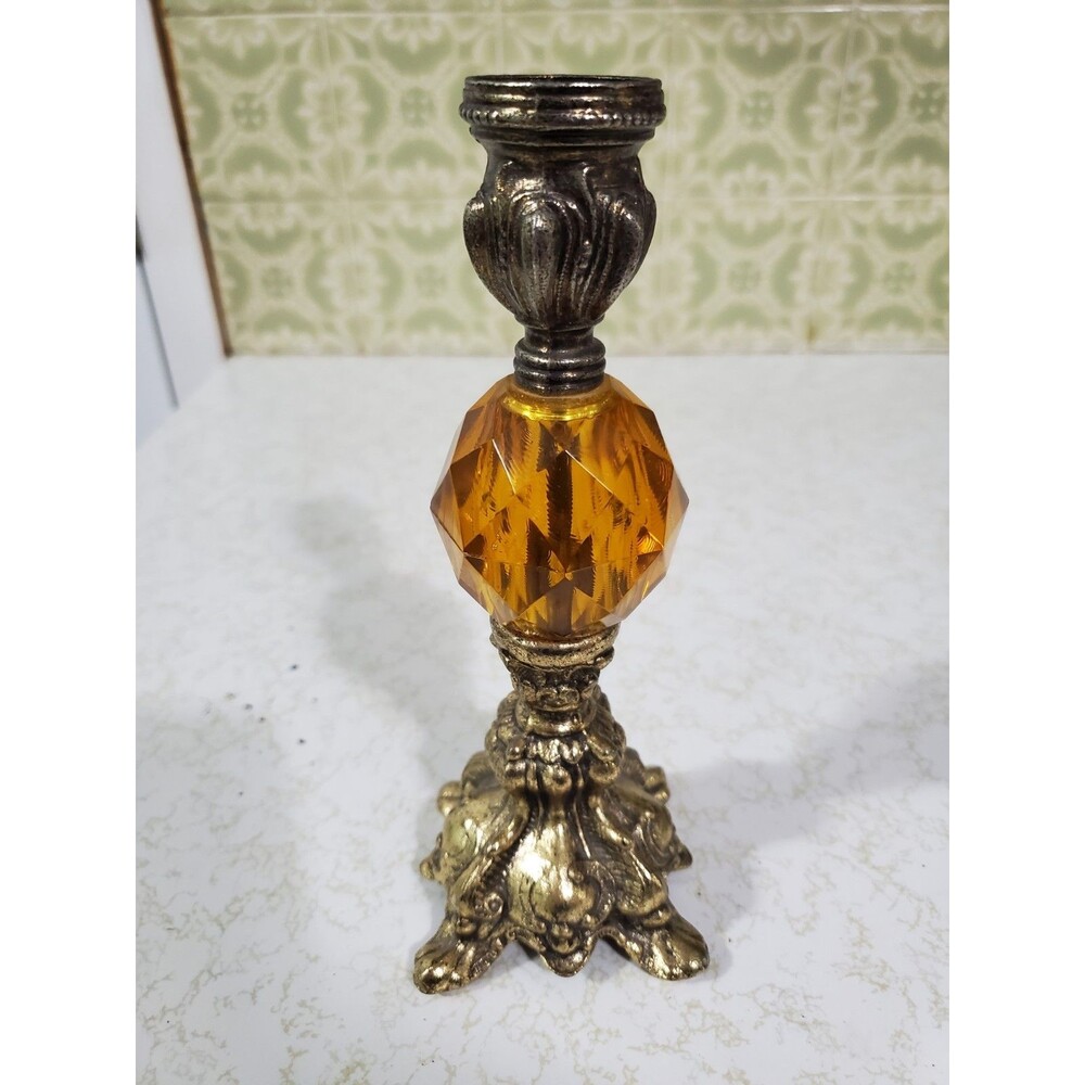 Vintage Ornate Cast Metal Orange Lucite Candlestick Holder 8"